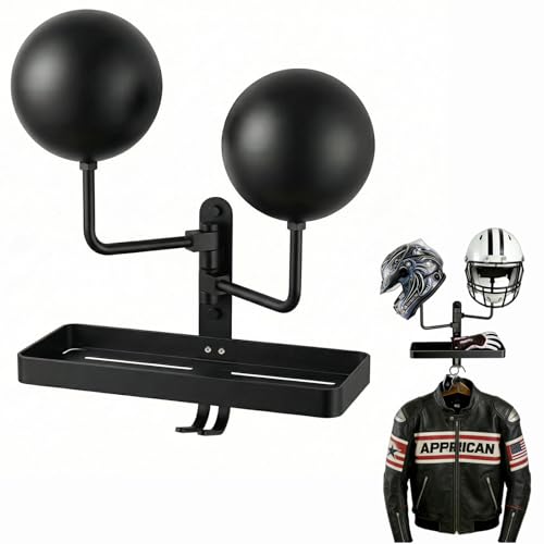 Double Helmet Wall Mount with Storage Tray and Hook, Metal Helmet Stand Rack Display Dual Helmet Organizer for Motorcycle Bicycle ATV Helmet Cowboy Hat Holder Football Helmets Gifts