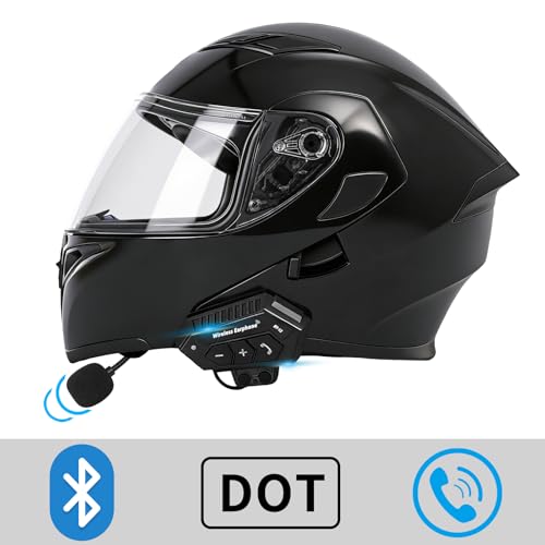 Motorcycle Bluetooth Modular Helmet, DOT FMVSS-218 Approved Flip Up Full Face Motorcycle Dual Visor Helmet, with Dual Speakers and Microphone, for Adults Men and Women