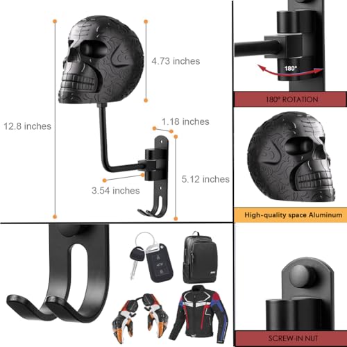 2 Pack Metal Skull Helmet Rack Wall Mount, Motorcycle Helmet Holder 180° Rotation Wall Mount Mount with 2 Hooks for Motorcycle Bike Baseball Rugby Black - color: Black*2