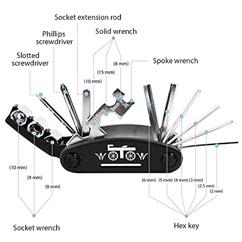 WOTOW Bike Tire Repair Tool Kit, Waterproof Frame Storage Bag & Mini Bike Pump & 16 in 1 Multitool & Bicycle Tyre Lever Patch Portable Repair Tool Accessories Set for Road Mountain BMX Cycling - style: 16 in 1 Multitool