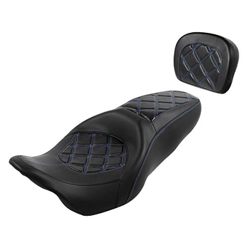 C.C. RIDER Passenger Seat Backrest Pad - Driver Passenger Sissy Bar fit for Harley Davidson Touring Road King Street Glide Electra Glide Road Glide 2009-2023 - color: Seat + Passenger Backrest Pad Black Blue
