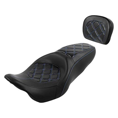 C.C. RIDER Passenger Seat Backrest Pad - Driver Passenger Sissy Bar fit for Harley Davidson Touring Road King Street Glide Electra Glide Road Glide 2009-2023 - color: Seat + Passenger Backrest Pad Black Blue