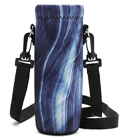 RICHEN Neoprene Water Bottle Carrier Bag with Adjustable Shoulder Strap,Insulated Water Bottle Cover for Stainless Steel/Glass/Plastic Bottles - color: Blue Marble, size: 750ml