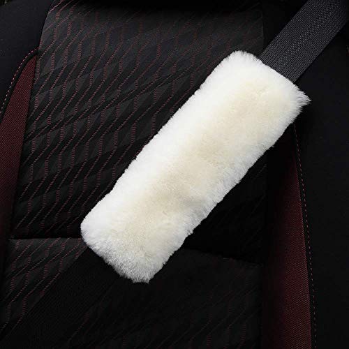 OGLAND Genuine Sheepskin Soft Fuzzy Car Seatbelt Should Pad, Comfy Fluffy Seat Belt Strap Covers for Car Neck Cushion Protector Auto Accessories Woman Man Girls Kids (1Pcs/White) - color: Cream White