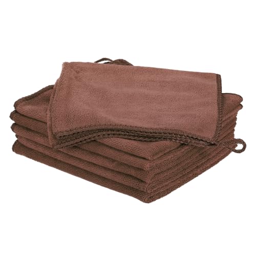 HARFINGTON 6 Pack Microfiber Cleaning Cloth, 14" x 14" Multi-Functional Cleaning Towels Reusable Absorbent Rags with Hook for Car Wash Kitchen Household Window Clean, Brown - color: Brown, size: 14" x 14"