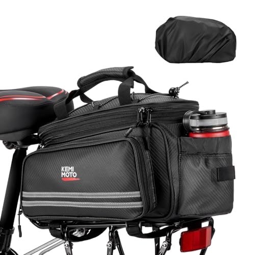 KEMIMOTO 20L Bike Bag Rear Rack with Waterproof Rain Cover, Carbon Leather Bike Trunk Bag Pannier Handbag for Bicycle, Ebike, Storage Cargo Mountain Road Bike Commuter - style: Carbon Leather Pvc With Rain Cover