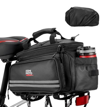 KEMIMOTO 20L Bike Bag Rear Rack with Waterproof Rain Cover, Carbon Leather Bike Trunk Bag Pannier Handbag for Bicycle, Ebike, Storage Cargo Mountain Road Bike Commuter - style: Carbon Leather Pvc With Rain Cover