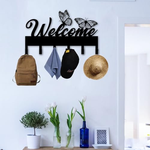 Custom Butterfly Welcome Coat Rack Wall Hanger, Metal Text Hooks for Coats, Keys, and Entryway Wall Decoration (Butterfly Welcome Key Holder) - color: Butterfly Welcome Key Holder