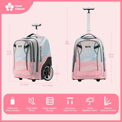 NEW TILAMI 20" Rolling Backpack for Teens Adults, Climbing Stairs Waterproof Backpack with Wheels for School Business Trave Camping with Laptop Compartment, Fit 17 Inch Laptop, Pink Dawn - color: Pink Dawn