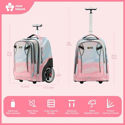 NEW TILAMI 20" Rolling Backpack for Teens Adults, Climbing Stairs Waterproof Backpack with Wheels for School Business Trave Camping with Laptop Compartment, Fit 17 Inch Laptop, Pink Dawn - color: Pink Dawn