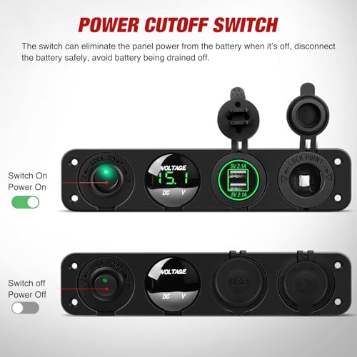 Nilight 4 in 1 ON Off Charger Panel Dual USB Power Outlet Green LED Voltmeter and Cigarette Lighter Outlet LED Lighted On-Off Rocker Toggle Switch for Truck Car Marine Boats RV - color: Green
