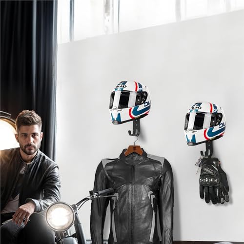 2-Pack Helmet Holder Wall Mount, Helmet Hanger,Motorcycle Gear Rack with 2 Key Hooks, Constructed with Solid Wood & Strong Steel for Bike Tactical Gear Baseball Football Skiing Helmet