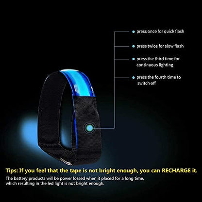 2 Pack Rechargeable LED Reflective Armband, High Brightness High Visibility Night Safety Light Band, Wearable Flashing LED Gear for Running, Walking, Biking and Outdoor Activities - color: blue