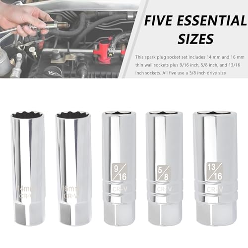 5PCS Car Magnetic Spark Plug Socket Set,Thin Wall & 6-point 14mm 16mm 13/16" 9/16" 5/8 Spark Plug Socket,3/8" Drive Car Sparks Plugs Sockets Automotive Accessories - color: 5PCS Set