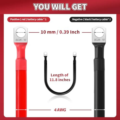 4 AWG Battery Cable 2 Pcs, 11.8 Inch Battery Cables with M10 Ring Terminals, Marine Cables Pure Copper, Ground Cable for Motorcycle, Car, Truck, Rv, Boat - size: M10/11.8INCH/4AWG
