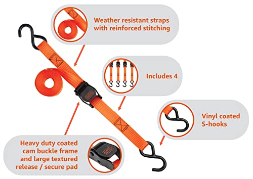 BLACK+DECKER 1" x 10' Light-Duty Cambuckle Tie-Down Straps, 4-Pack | 900 lbs Break Strength, Oversized Release Lever, Weather-Resistant, Coated S-Hooks, Easy to Secure Lightweight Cargo - size: 1" x 10'