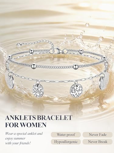 U7 Silver/Gold Ankle Bracelets for Women Layered Chain Anklets Stainless Steel Waterproof Summer Beach Anklet Cham, Adjustable 8.5"-10.5" - color: Silver - Ball Chain+Paperclip Chain