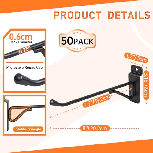 50 Pack 8 Inch Slatwall Hooks, Heavy Duty Slat Wall Hanger, Slat Wall Hanging Hook, Slatwall Accessories Display Hooks for Garage, Sheds, Retail Store, Kitchen, Craft Room (50, 8 Inch) - size: 8 Inch