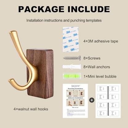 4 Pack Walnut Wood Wall Coat Hooks for Hanging, Adhesive Mounted & Wall Mount Heavy Duty Wooden Double Hook Hanger for Towel Backpack Hat Jacket Clothes Blanket Purse Robe Key Gold Hook - color: Gold Coat Hooks