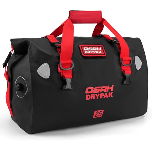 OSAH DRYPAK Waterproof Duffel Bag - Motorcycle Dry Bag Tail Bag with Large Storage Space, Waterproof Luggage Duffle Bags with Outer Mesh Zipper Pocket for Camping, Kayaking, Fishing & Traveling - color: Black Red, size: 25L