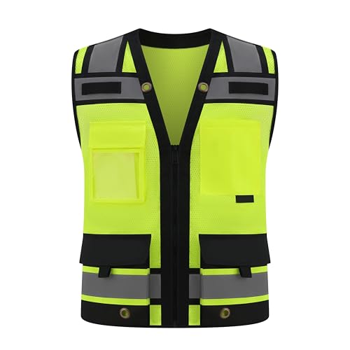 Class 2 High Visibility Reflective Safety Vests Women & Men With 15 Pockets And Zipper Front,Meets Ansi/Isea Standards - color: Yellow_body Black Trims, size: XX-Large