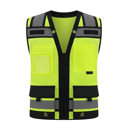 Class 2 High Visibility Reflective Safety Vests Women & Men With 15 Pockets And Zipper Front,Meets Ansi/Isea Standards - color: Yellow_body Black Trims, size: X-Large