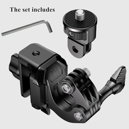 Kewig Motorcycle Windshield Camera Mount with Aluminum Alloy Clip Base & 1/4'' Threaded Adapter Compatible with GoPro/DJI OSMO/Insta360 Action Camera, Angle Adjustable, Quick-Release Design