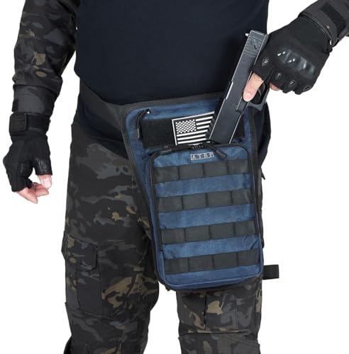 Motorcycle Tactical Drop Leg Thigh Bag with Holster Handgun Firearm Pistol Bag for Men Hunting Shooting Range Additional 3 Magazine Storage Slots - color: Navy Blue Dark Blue