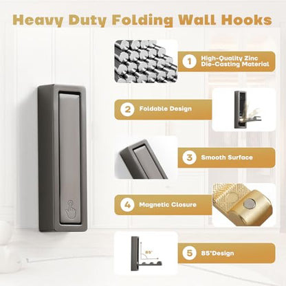 Folding Wall Hook, 2Pcs Foldable Coat Hooks Mounted, Heavy Duty Zinc Alloy No Rust Fold Up Hooks for Hanging Coat, Towel, Key, Hat, Bag, Jacket, Backpack (Gray) - color: Gray, size: 2
