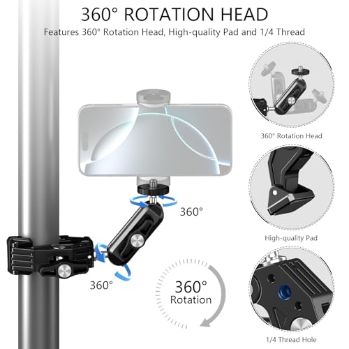 Phone Clamp Mount with 360° Dual Ballhead Anti-Fall 360° Rotating Motorbike Phone Holder AC Clamp Mount for GoPro Hero 13,DJI OSMO Pocket 3,Insta 360 X5 Fits Mountain/Scooter/Dirt - color: Black