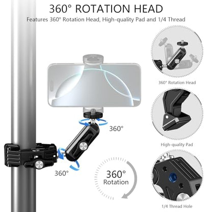 Phone Clamp Mount with 360° Dual Ballhead Anti-Fall 360° Rotating Motorbike Phone Holder AC Clamp Mount for GoPro Hero 13,DJI OSMO Pocket 3,Insta 360 X5 Fits Mountain/Scooter/Dirt - color: Deep Black