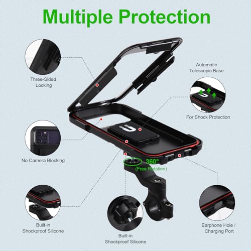 Motorcycle Phone Mount Holder, 150mph Wind Anti-Shake Bike Handlebar Cell Phone Clamp 6.3inch Most Phones Friendly, Compatible with iPhone 16