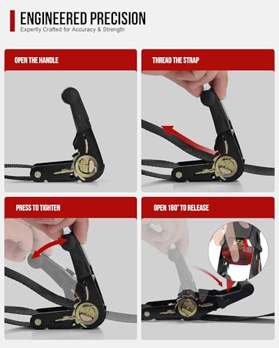 Ratchet Straps (4 PK) 15 Feet (1,823lb Break Strength) Heavy Duty Tie Down Strap with S Hook Black for Packing Motorcycle Truck Cargo