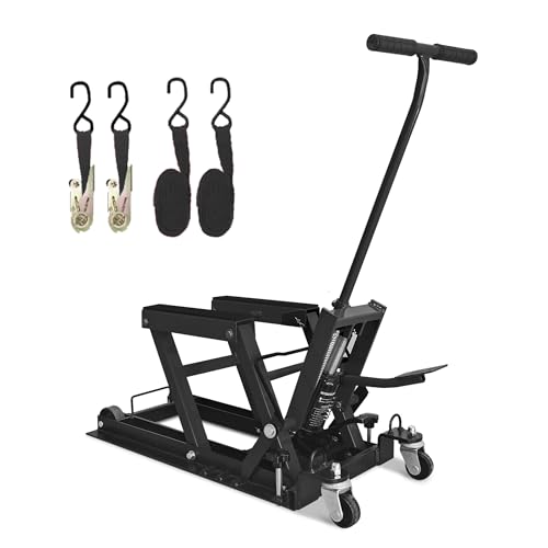 Hydraulic Motorcycle Lift Jack 1500 LBS Capacity Portable ATV Scissor Lift Table with 4 Universal Casters Foot-Operated Hoist Stand for Motorcycles ATV UTV Powersports Black