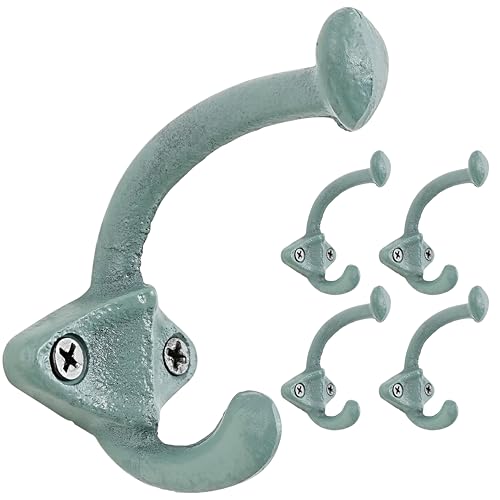 Dseap Cast Iron Wall Hooks, Heavy Duty Coat Hooks, Rustic Vintage Farmhouse Hook for Hanging Winter Coats Jackets Towels Hats Bags Plants, Mint Green, Pack of 5 (ShldCast) - color: Mint Green, size: L=3.25" (Pack of 5)