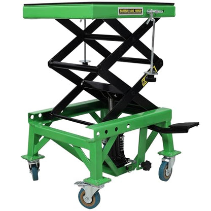Hydraulic Motorcycle Jack Lift 350lbs - ATV/Dirt Bike Scissor Stand with Locking Wheels, Safety Pin & J-Hook, Green