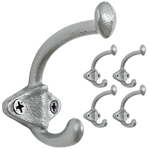 Dseap Cast Iron Wall Hooks, Heavy Duty Coat Hooks, Rustic Vintage Farmhouse Hook for Hanging Winter Coats Jackets Towels Hats Bags Plants, Silver, Pack of 5 (ShldCast) - color: Silver, size: L=3.25" (Pack of 5)