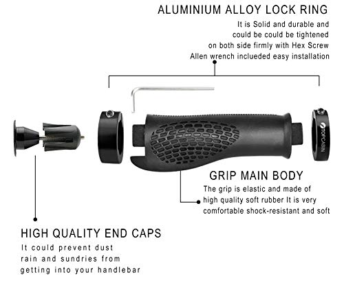 TOPCABIN Ergonomic Bike Grips - Widen Holding Rubber Grips with Aluminum LockGrips for Mountain & Road Bikes - color: (Aluminum lock plug+Grips) Black 1 Pair