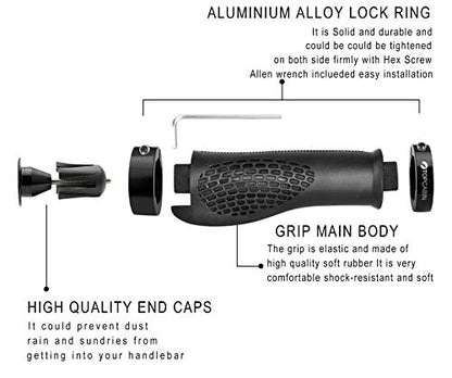 TOPCABIN Ergonomic Bike Grips - Widen Holding Rubber Grips with Aluminum LockGrips for Mountain & Road Bikes - color: (Aluminum lock plug+Grips) Black 1 Pair