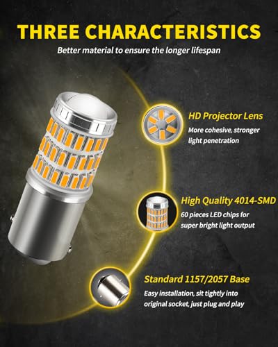 AUXLIGHT 2057 1157 2357 7528 2057A 1157A 2357A LED Bulbs Amber Yellow, Ultra Bright 60-SMD LED Replacement for Blinker Lights, Turn Signal/Parking or Running Lights, Brake/Tail Lights (Pack of 2) - color: Amber Yellow