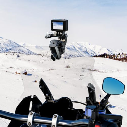 Kewig Motorcycle Windshield Camera Mount with Aluminum Alloy Clip Base, Compatible with GoPro/DJI OSMO/Insta360 Action Camera, Angle Adjustable, Quick-Release Design