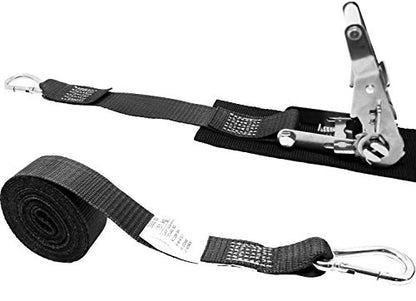 1.5 Inch Stainless Steel Ratchet Strap with Protective Pad Under Buckle, Stainless Steel Carabiner Clip with Grommet On Both Ends, Total Strap Length 10 Ft. - color: Black