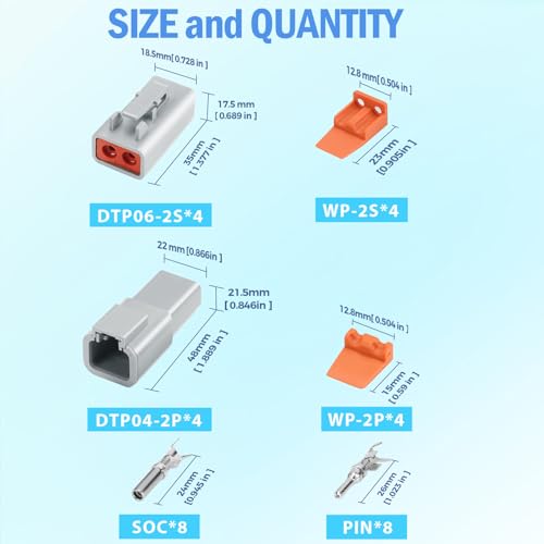 48 PCS Deutsch DTP Connector Kit 2 Pin Automotive Waterproof Electrical Connectors 6 Sets with Size 12 Solid Contacts Gauge 14-12 AWG Wire Size,25A - size: DTP 2 pin