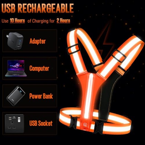 LED Rechargeable Reflective Vest with 11hrs Runtime, Light Up Safety Gear for Night Running Walking Cycling, USB Rechargeable - color: Orange