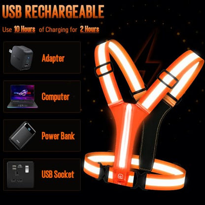 LED Rechargeable Reflective Vest with 11hrs Runtime, Light Up Safety Gear for Night Running Walking Cycling, USB Rechargeable - color: Orange