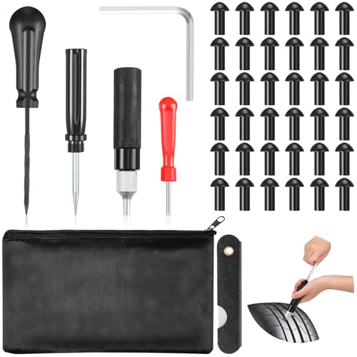 Landhoow 43 Pcs Tire Repair Kit Mushroom Plug Set, Heavy Duty Tubeless Tire Puncture Repair Tool Kit for Cars, Trucks, Motorcycles & ATV, Emergency Roadside Flat Fix Set with Portable Storage Pouch