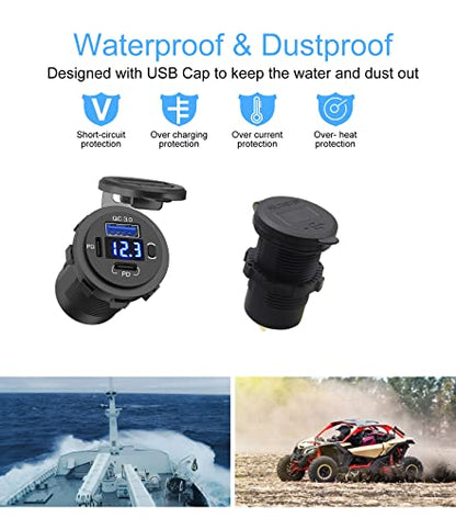 12V USB Outlet, Dual USB C Car Charger Socket & Quick Charge 3.0 Port with Voltmeter and Power Switch for Car Boat Marine Truck - color: 2PD+1QC
