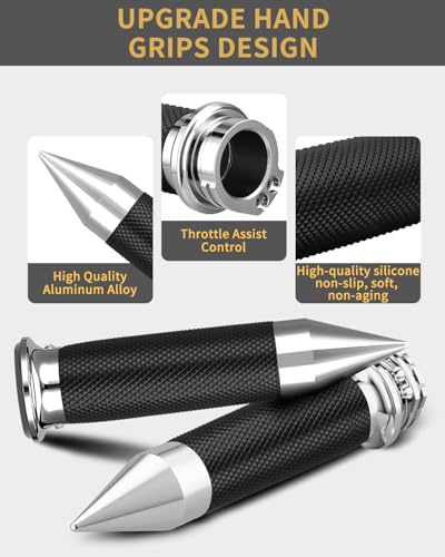 7/8" Motorcycle Hand Grips with Throttle Assist Non-Slip Hand Grip for Harley Yamaha Kawasiki Suzuki Cruisers Motorbikes Choppers Spiked Grips - color: black/Chrome