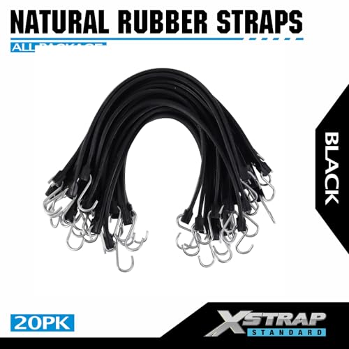 XSTRAP STANDARD 21" 100% EPDM Natural Rubber Tarp Straps, Black Long Bungee Cords with Metal S Hooks Tie Down Straps for Outdoor, Tarp Covers, Canvas Canopies, Motorcycle, and Cargo - 20 Pack - size: 21''