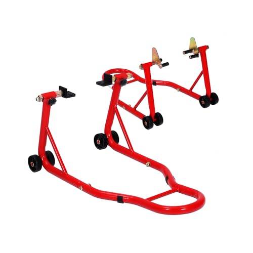 Heavy Duty Motorcycle Lift Stand Set, Front & Rear Wheel Paddock Stand with Adjustable Prong A dapter+L Swingarm Spool, 900 Lb Capacity for Bike Maintenance & Repairs, Red - color: Red